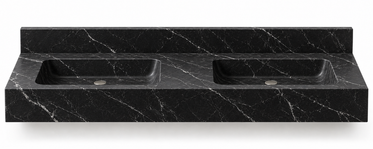 Aperture Nero Marquina double basin floating sink, front view design rendering