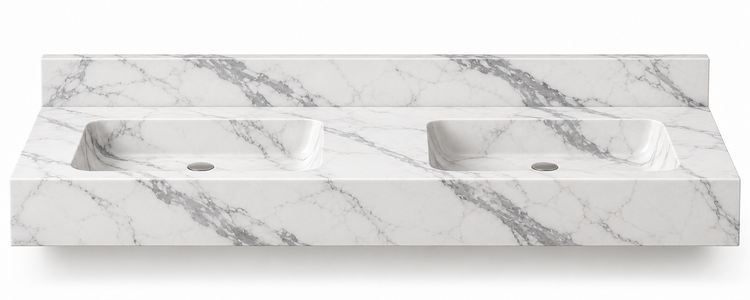 Aperture Statuario double basin floating sink, front view design rendering