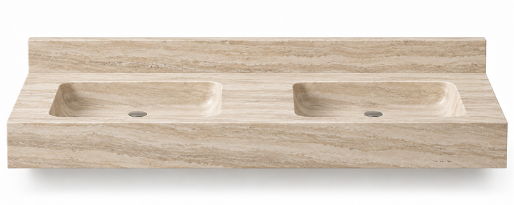 Aperture Travertine double basin floating sink, front view design rendering