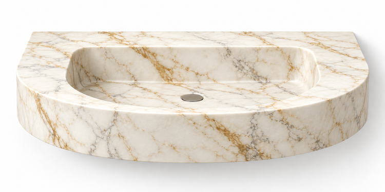 Arc Calacatta Gold demi-lune floating sink, front view design rendering