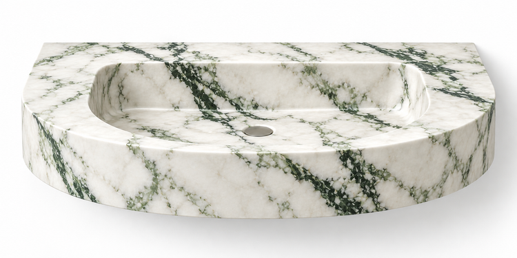 Arc Calacatta Green demi-lune floating sink, front view design rendering
