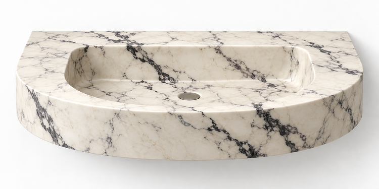 Arc Calacatta Viola demi-lune floating sink, front view design rendering