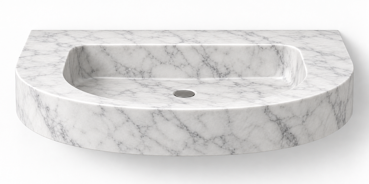 Arc Carrara demi-lune floating sink, front view design rendering