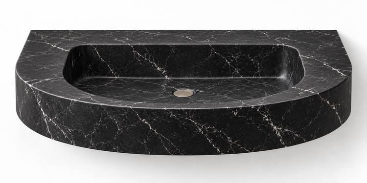 Arc Nero Marquina demi-lune floating sink, front view design rendering