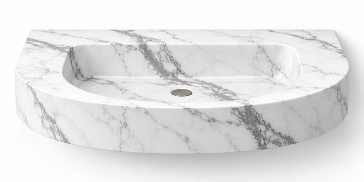 Arc Statuario demi-lune floating sink, front view design rendering