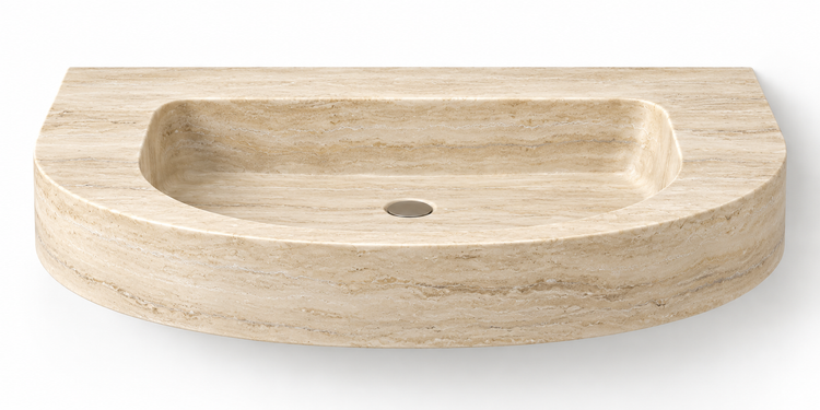 Arc Travertine demi-lune floating sink, front view design rendering