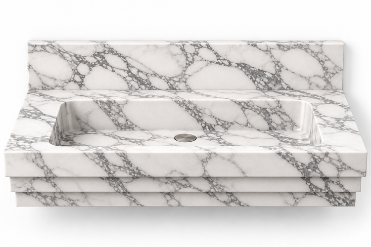 Cascade Arabescato stepped front floating sink, front view design rendering
