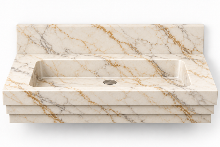 Cascade Calacatta Gold stepped front floating sink, front view design rendering