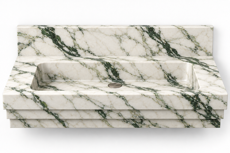 Cascade Calacatta Green stepped front floating sink, front view design rendering