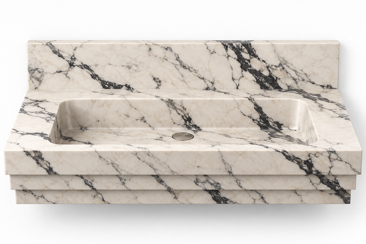 Cascade Calacatta Viola stepped front floating sink, front view design rendering