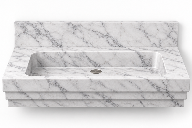Cascade Carrara stepped front floating sink, front view design rendering