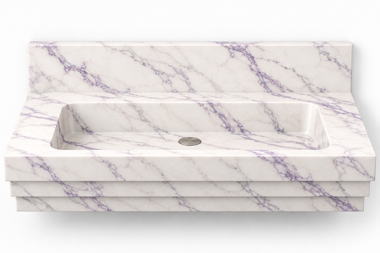 Cascade Lilac stepped front floating sink, front view design rendering