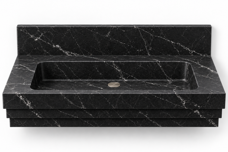 Cascade Nero Marquina stepped front floating sink, front view design rendering