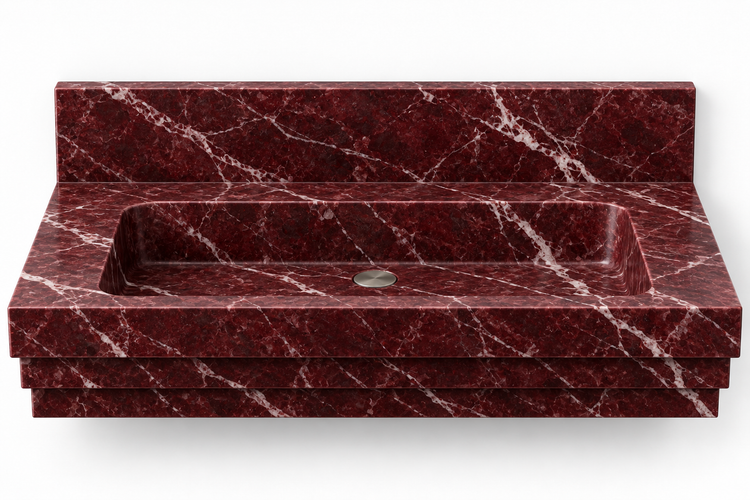 Cascade Rosso Levanto stepped front floating sink, front view design rendering