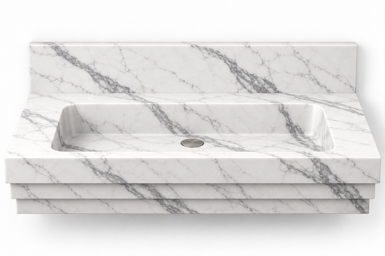 Cascade Statuario stepped front floating sink, front view design rendering