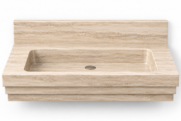 Cascade Travertine stepped front floating sink, front view design rendering