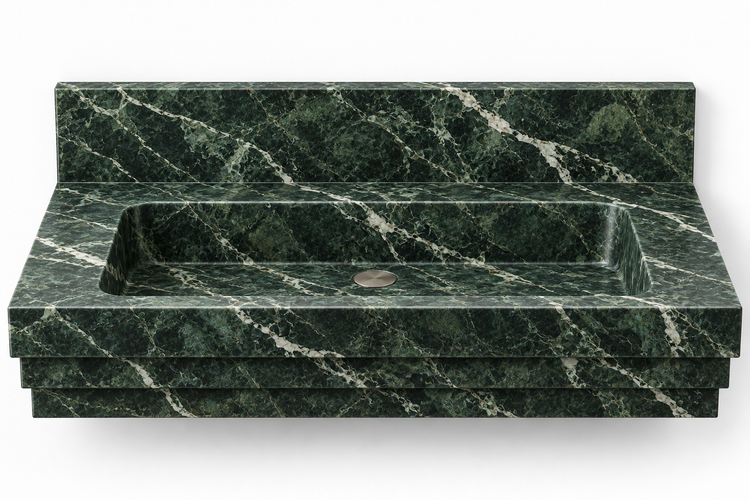 Cascade Verde Alpi stepped front floating sink, front view design rendering