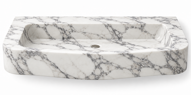 Cove Arabescato curved apron floating sink, front view design rendering