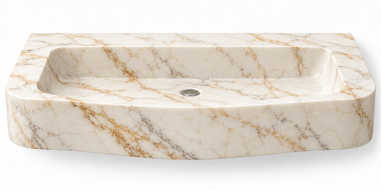 Cove Calacatta Gold curved apron floating sink, front view design rendering