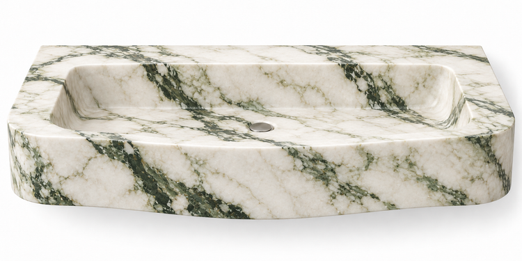 Cove Calacatta Green curved apron floating sink, front view design rendering