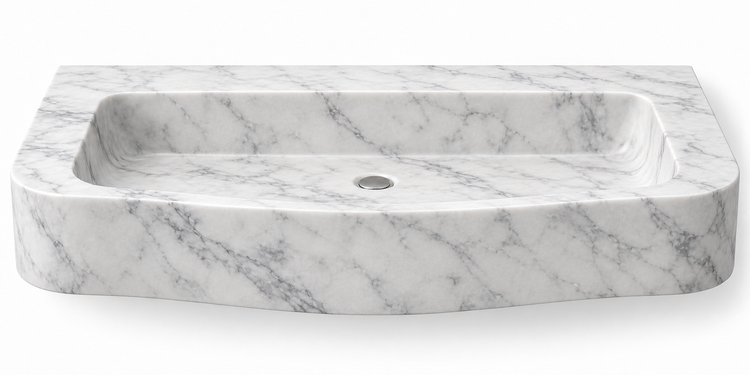 Cove Carrara curved apron floating sink, front view design rendering