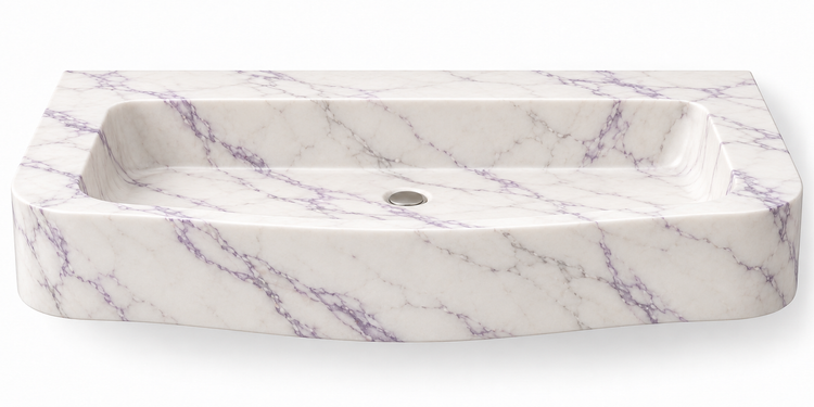 Cove Lilac curved apron floating sink, front view design rendering