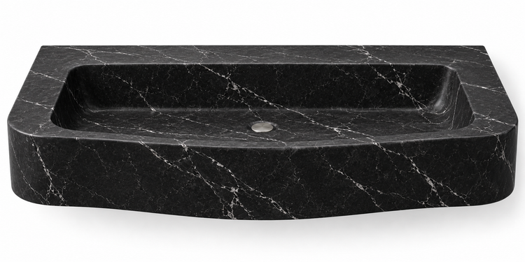 Cove Nero Marquina curved apron floating sink, front view design rendering