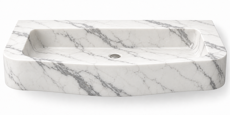 Cove Statuario curved apron floating sink, front view design rendering