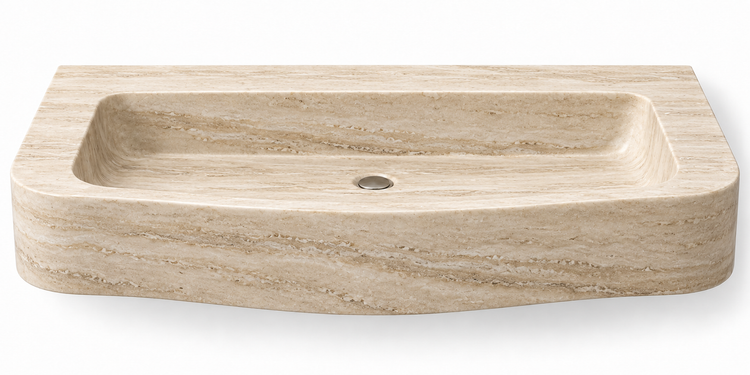Cove Travertine curved apron floating sink, front view design rendering