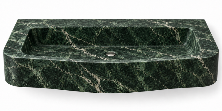 Cove Verde Alpi curved apron floating sink, front view design rendering