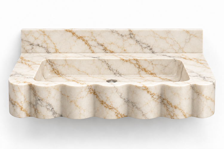 Dune Calacatta Gold wave front floating sink, front view design rendering