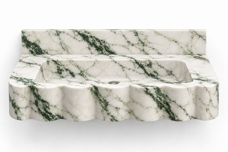 Dune Calacatta Green wave front floating sink, front view design rendering
