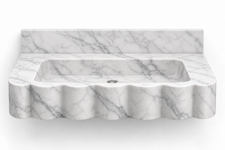 Dune Carrara wave front floating sink, front view design rendering