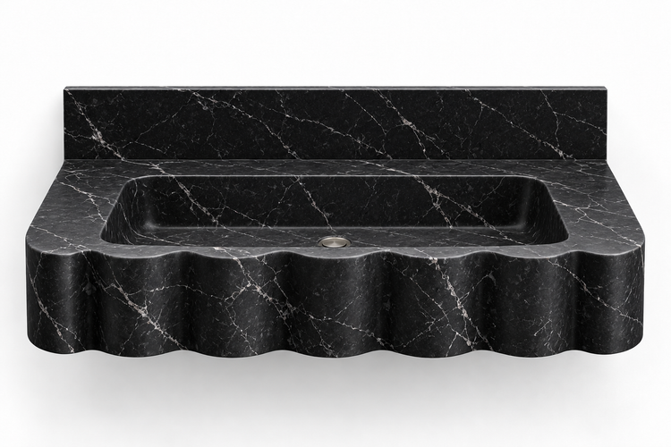 Dune Nero Marquina wave front floating sink, front view design rendering