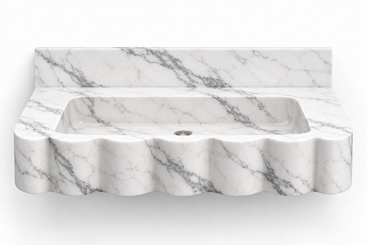 Dune Statuario wave front floating sink, front view design rendering