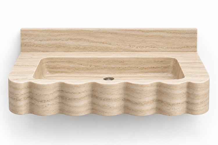 Dune Travertine wave front floating sink, front view design rendering