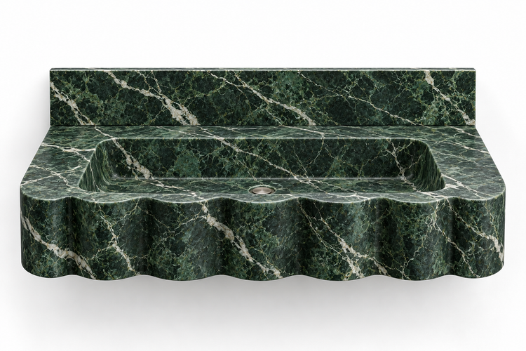Dune Verde Alpi wave front floating sink, front view design rendering