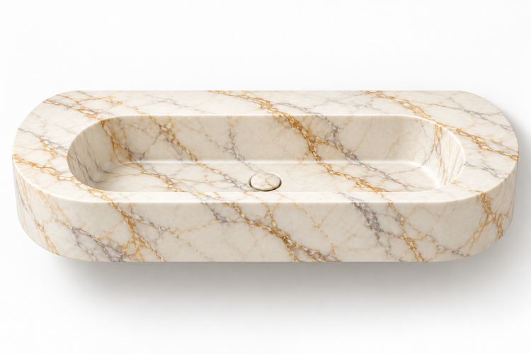 Eclipse Calacatta Gold capsule floating sink, front view design rendering