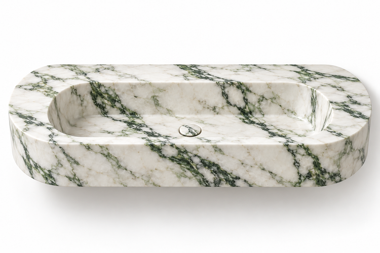Eclipse Calacatta Green capsule floating sink, front view design rendering