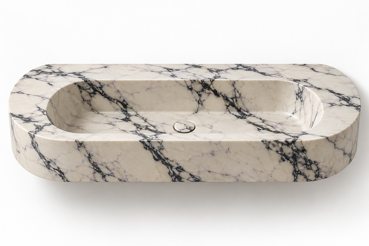 Eclipse Calacatta Viola capsule floating sink, front view design rendering