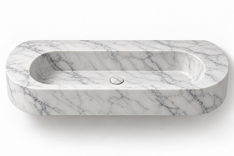 Eclipse Carrara capsule floating sink, front view design rendering