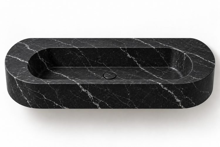 Eclipse Nero Marquina capsule floating sink, front view design rendering