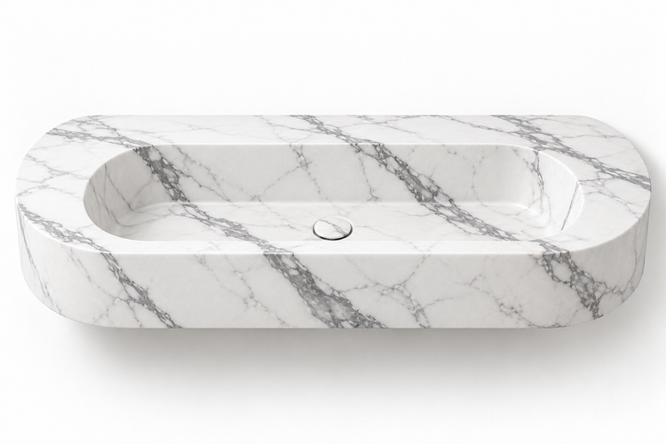 Eclipse Statuario capsule floating sink, front view design rendering