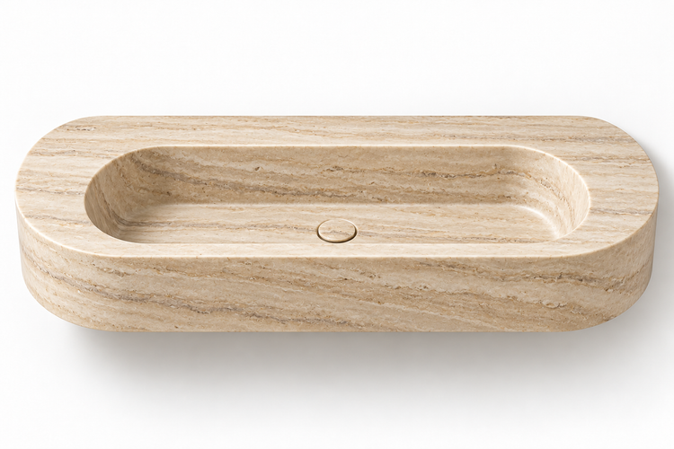 Eclipse Travertine capsule floating sink, front view design rendering