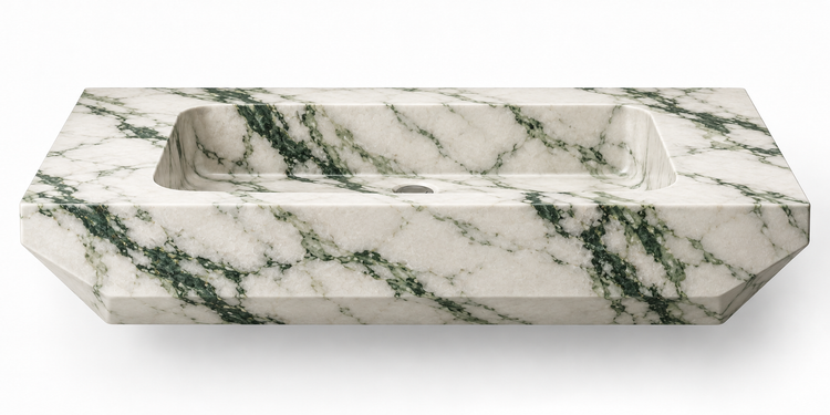 Facet Calacatta Green chamfered floating sink, front view design rendering