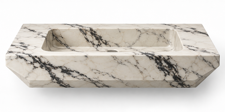 Facet Calacatta Viola chamfered floating sink, front view design rendering