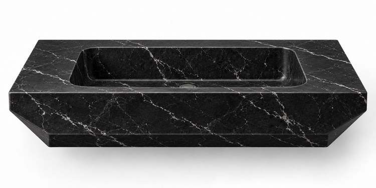 Facet Nero Marquina chamfered floating sink, front view design rendering