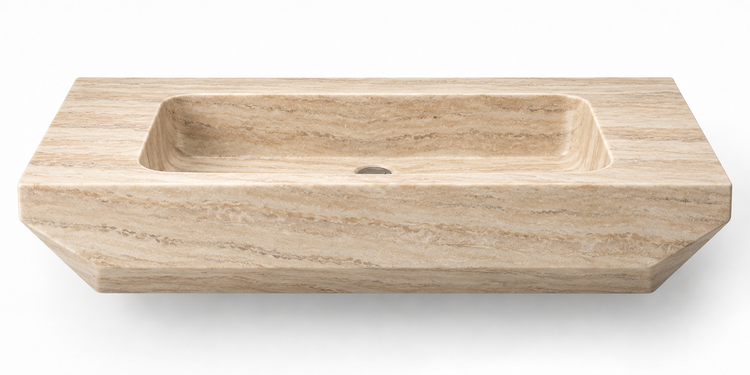 Facet Travertine chamfered floating sink, front view design rendering