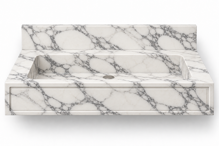 Frame Arabescato panel front floating sink, front view design rendering
