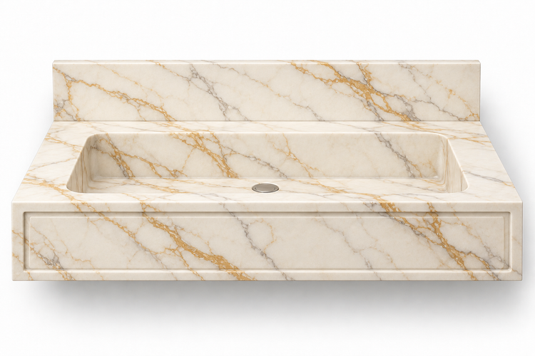 Frame Calacatta Gold panel front floating sink, front view design rendering